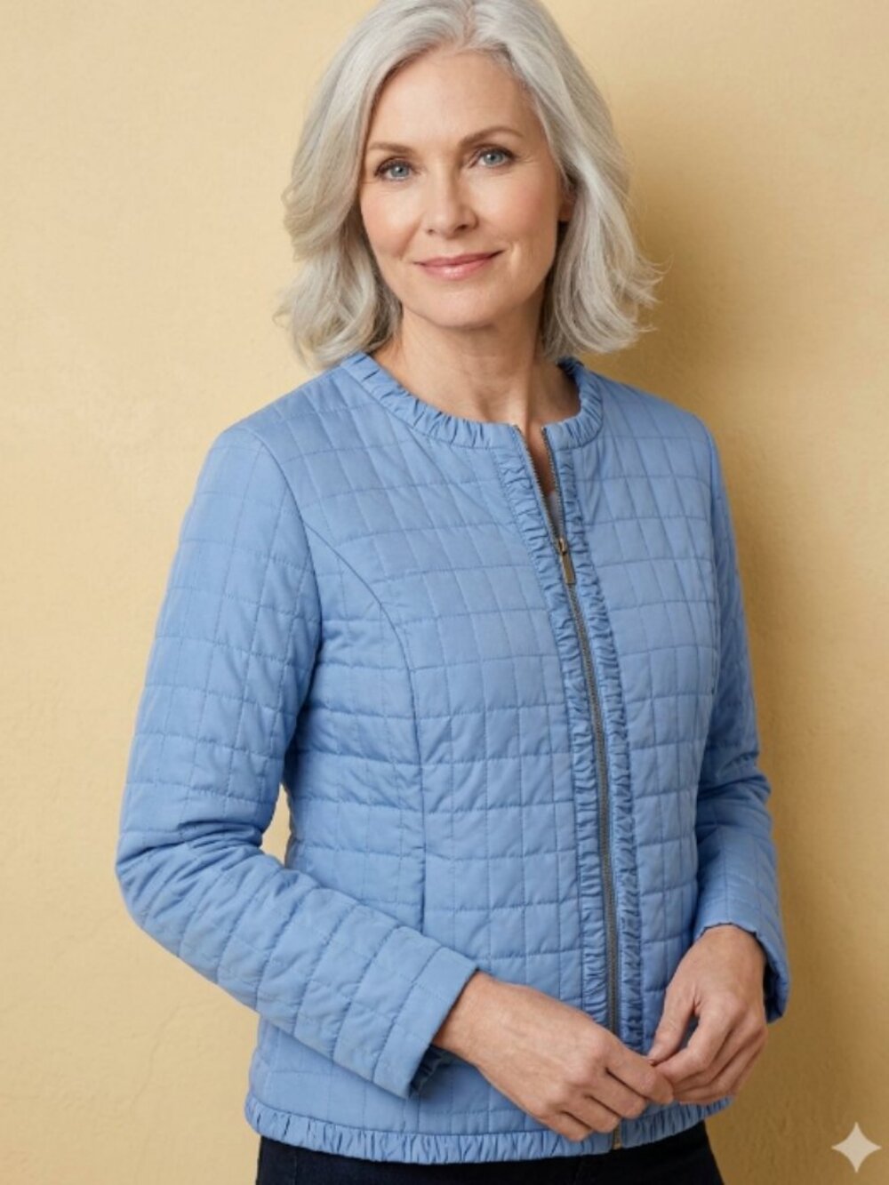 Chico's Light Blue Quilted Ruching-Trim Jacket Size 1